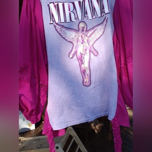 Pink and White Nirvana Graphic Long Sleeve Shirt Up cycled - Picture 5 of 13